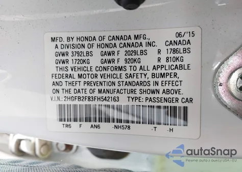 2015 Honda Civic Ex из США, поврежденный, VIN 2HGFB2F83FH542163